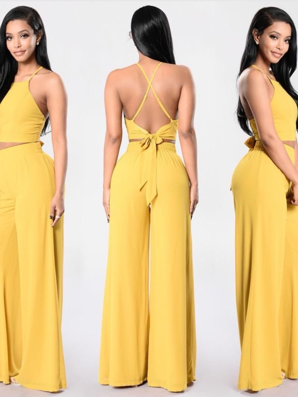 Fashion Nova Mustard Yellow Wide-Leg Jumpsuit with Tie Back Set